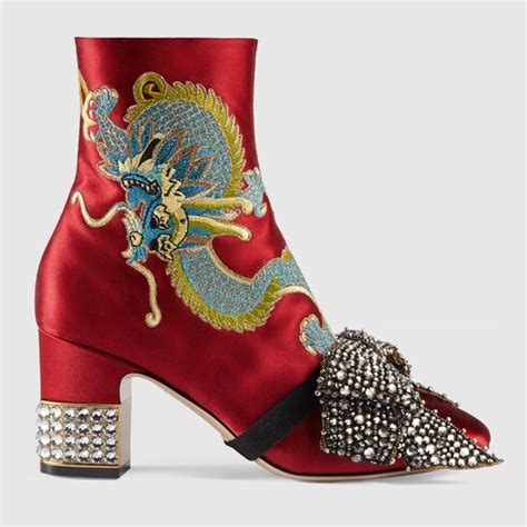 gucci dragon satin mid-heel ankle boot|gucci high heel boots.